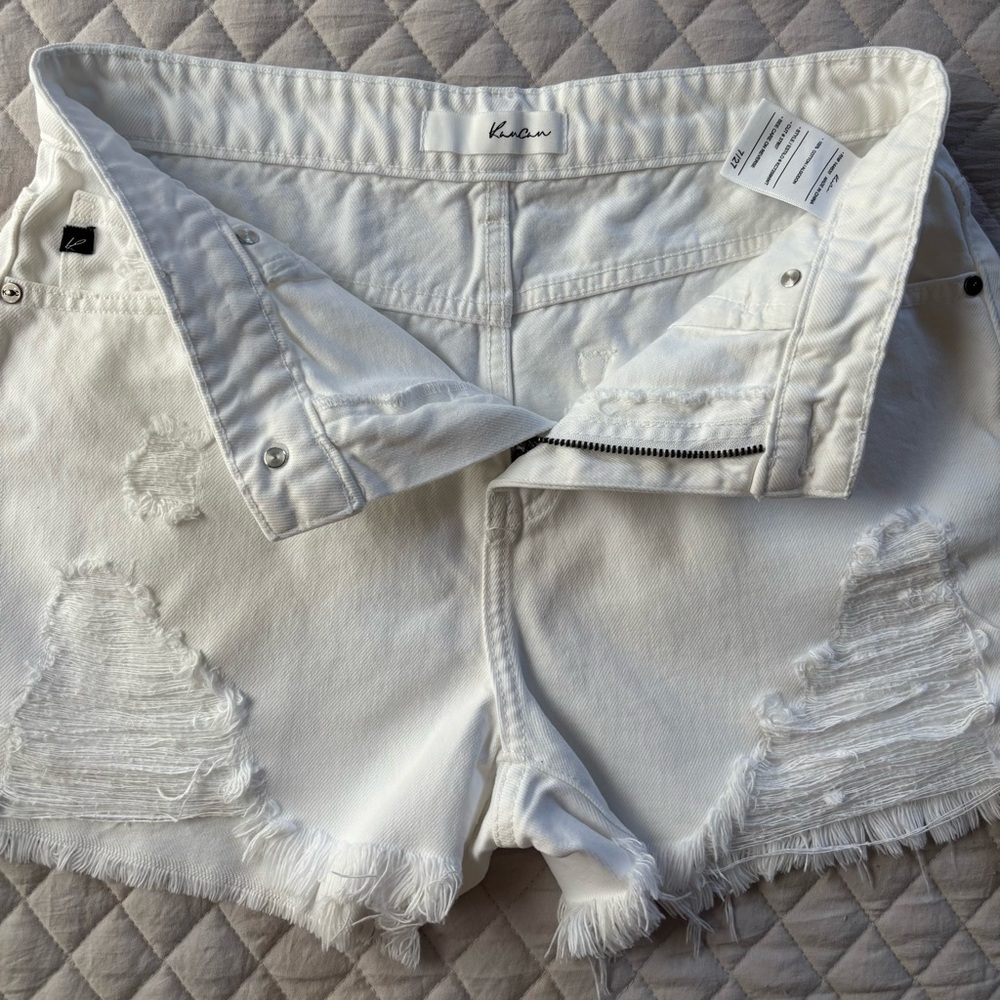 KanCan High Waist White Frayed Denim Shorts - Picture 3 of 5